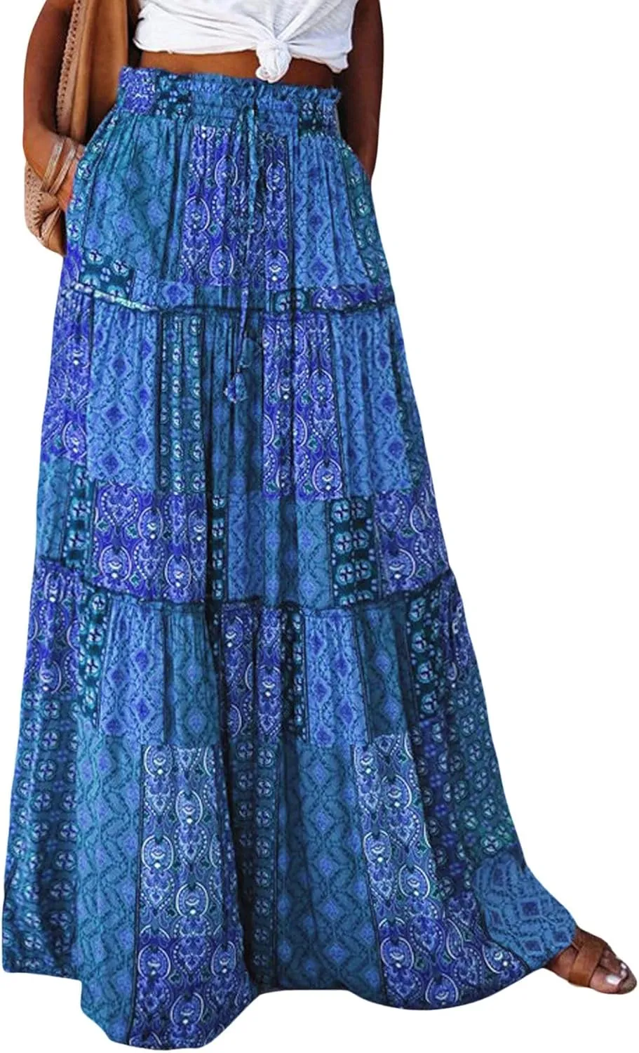 CHARTOU Women Ruffle Boho Maxi Skirt Pleated A Line Skirt Bohemian Long Beach Flowy Skirt Hippie Skirt Summer
