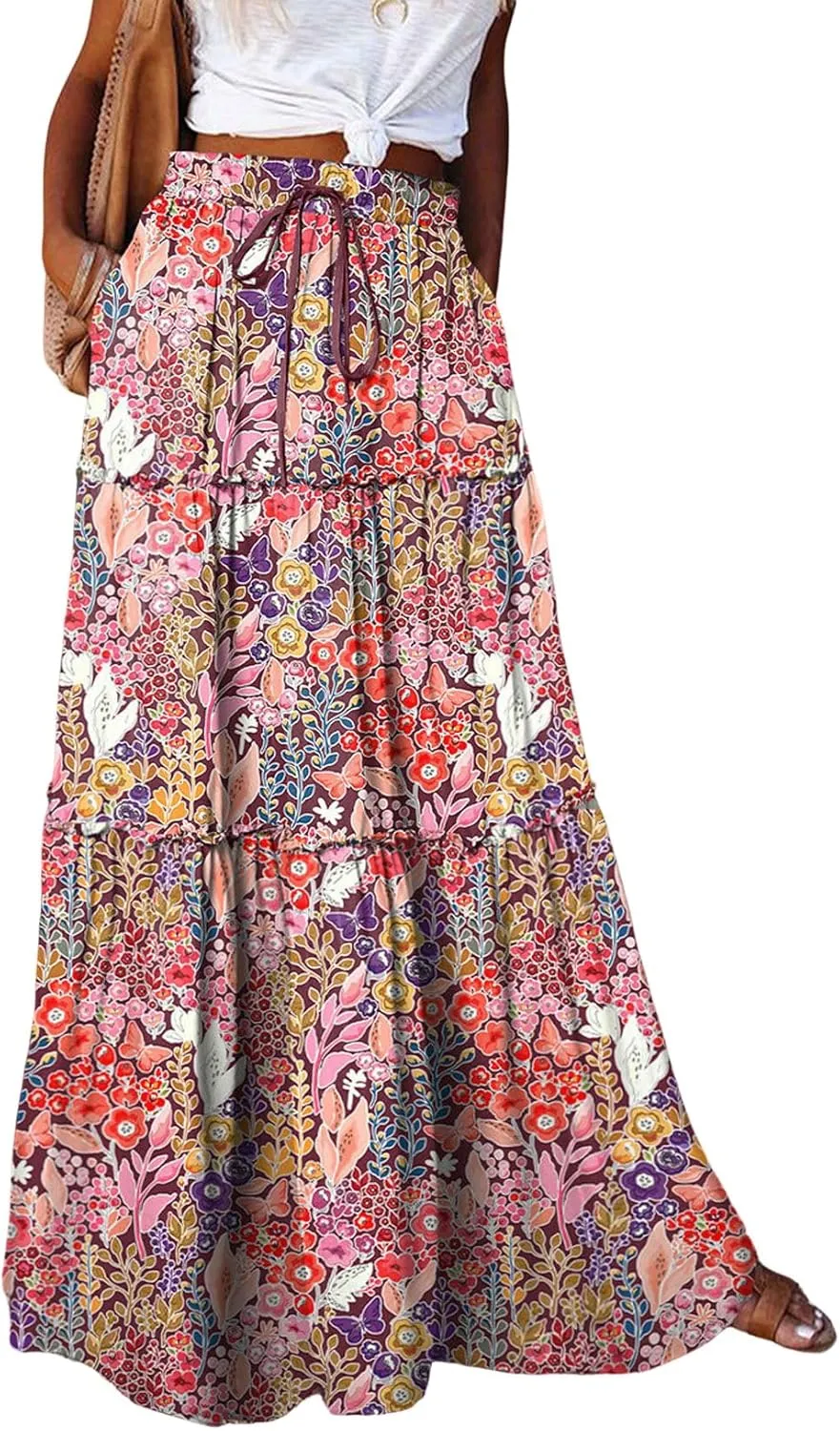 CHARTOU Women Ruffle Boho Maxi Skirt Pleated A Line Skirt Bohemian Long Beach Flowy Skirt Hippie Skirt Summer