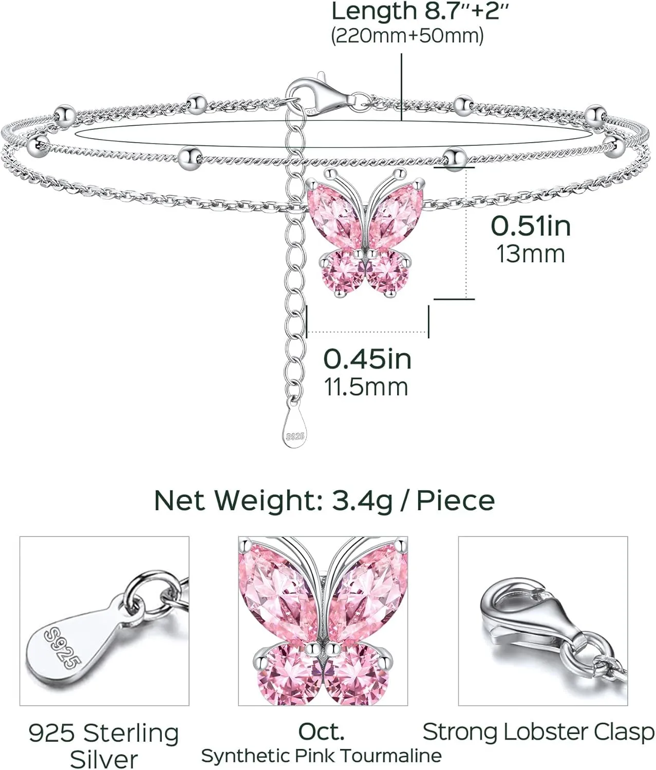 ChicSilver 925 Sterling Silver Anklets for Women Sparkling Birthstone Ankle Bracelets for Women Layered Butterfly Anklet With Beaded Anklets for Women With Gift Box