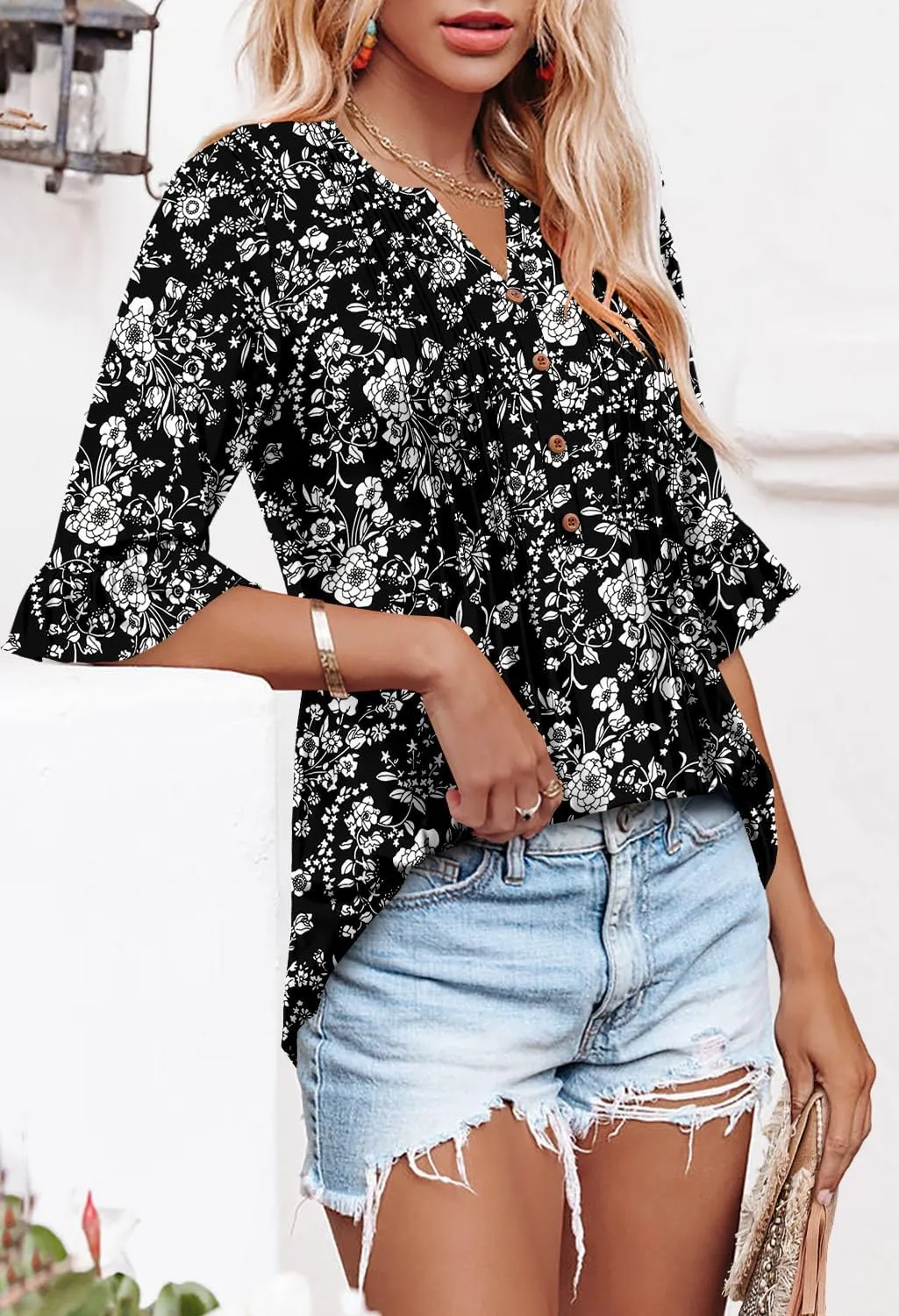 CHICZONE Womens 3/4 Length Bell Sleeve Tops Loose Summer Tunic Shirts Dressy Casual Blouses