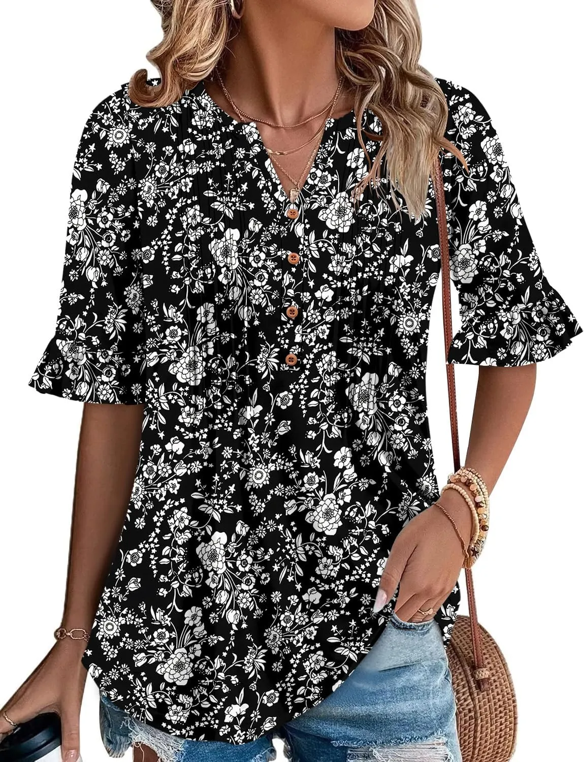 CHICZONE Womens 3/4 Length Bell Sleeve Tops Loose Summer Tunic Shirts Dressy Casual Blouses
