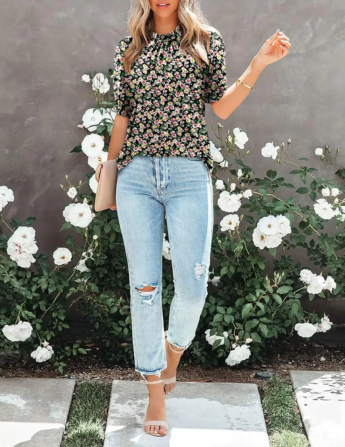 CHICZONE Women's Mock Neck Summer Tops Ruffle Short Sleeve Keyhole Back Casual Boho Blouses