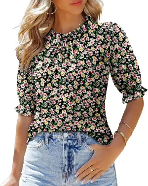 CHICZONE Women's Mock Neck Summer Tops Ruffle Short Sleeve Keyhole Back Casual Boho Blouses