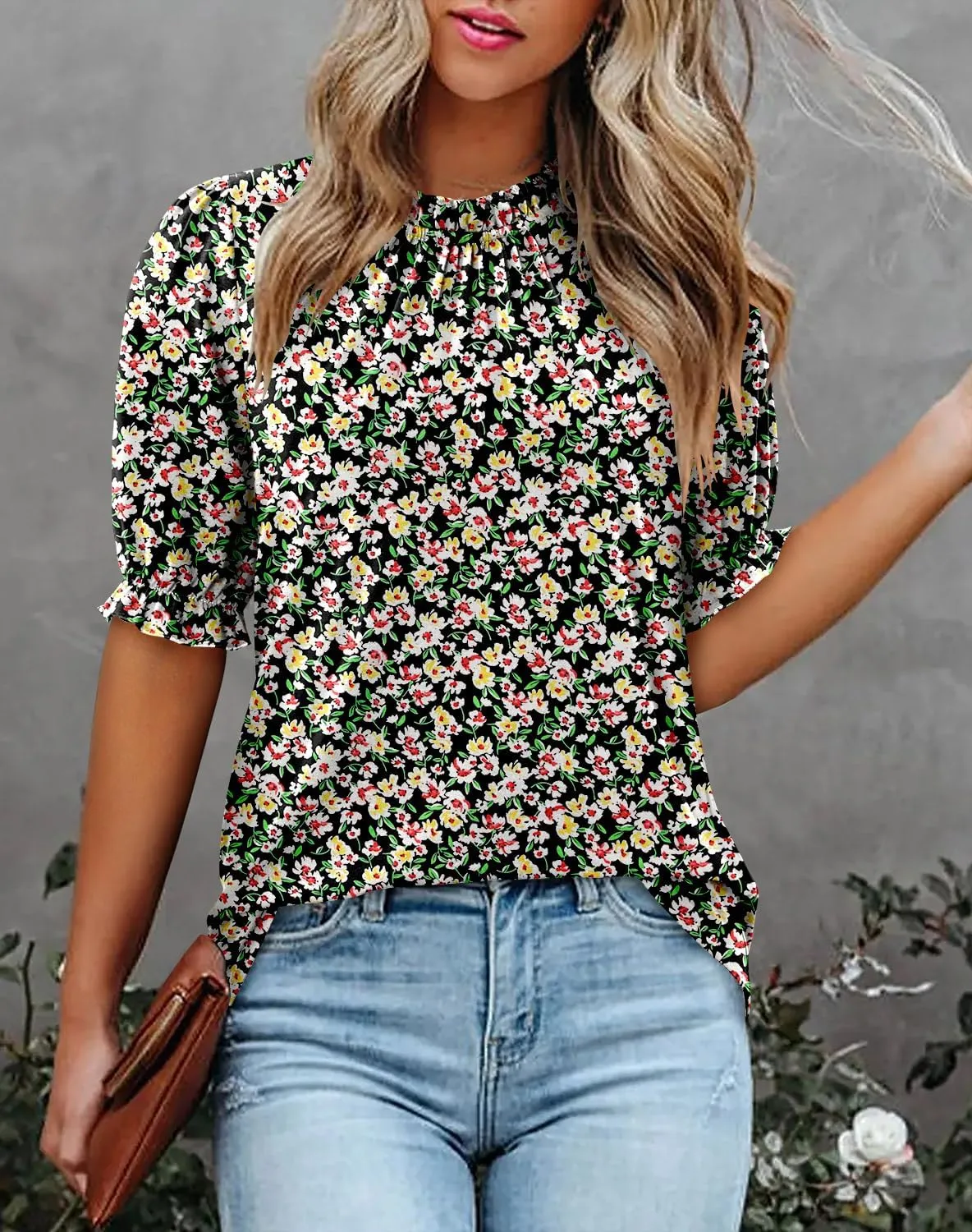 CHICZONE Women's Mock Neck Summer Tops Ruffle Short Sleeve Keyhole Back Casual Boho Blouses