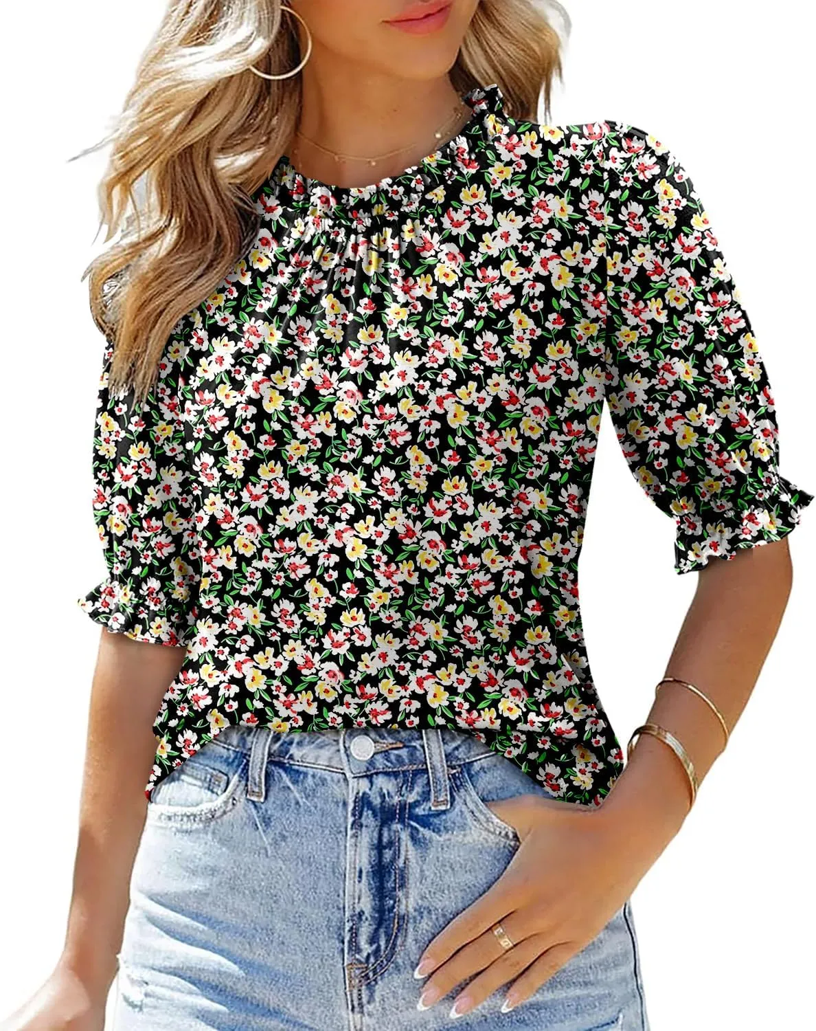 CHICZONE Women's Mock Neck Summer Tops Ruffle Short Sleeve Keyhole Back Casual Boho Blouses