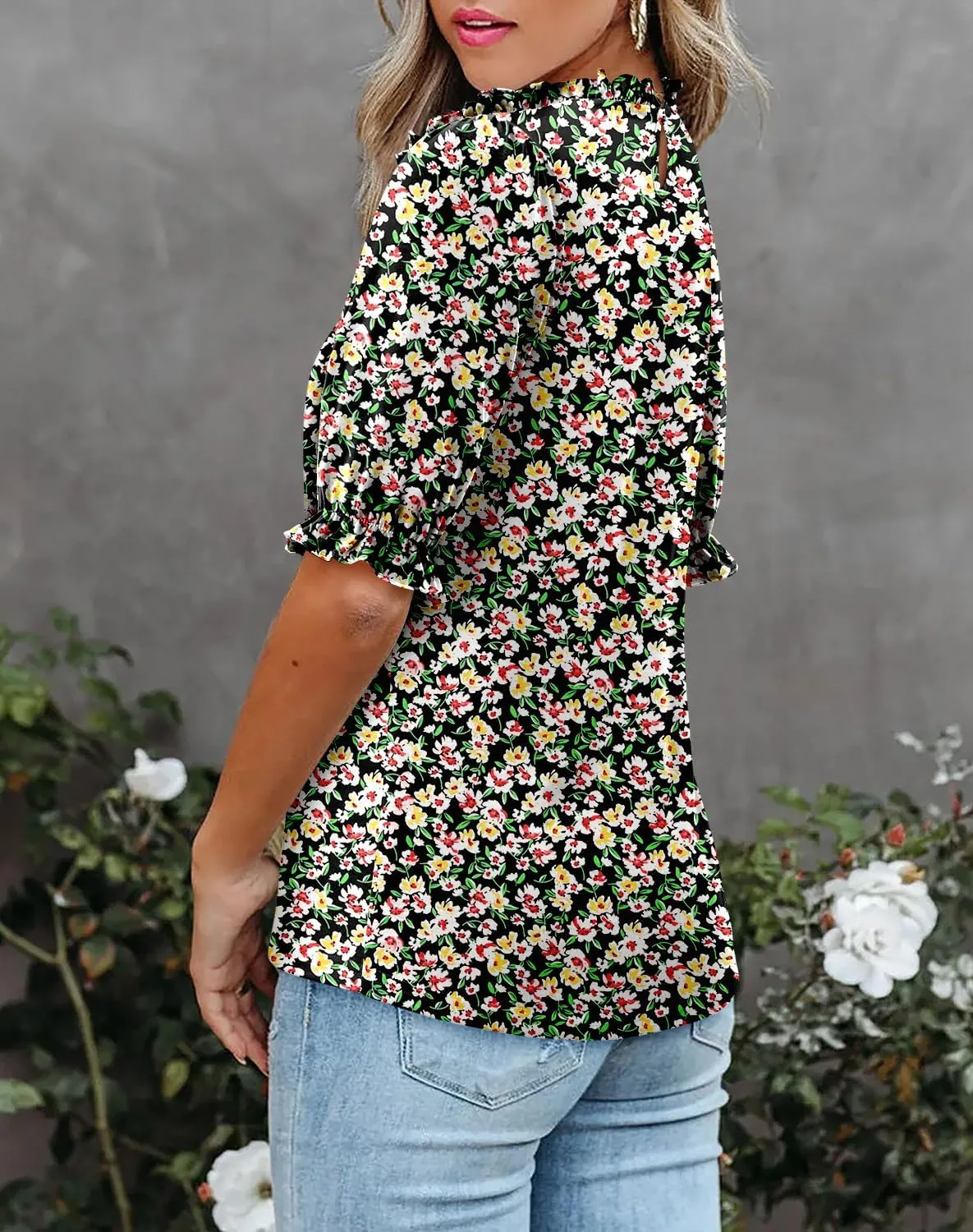 CHICZONE Women's Mock Neck Summer Tops Ruffle Short Sleeve Keyhole Back Casual Boho Blouses