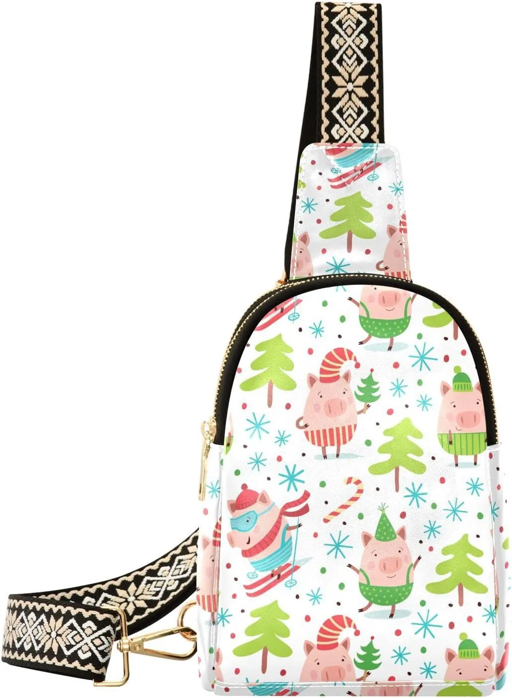 Christmas Cute Pigs Fanny Pack Crossbody PC Leather Small Sling Bag for Women Fashion Waist Packs Chest Bag for Travel Sports Running Hiking