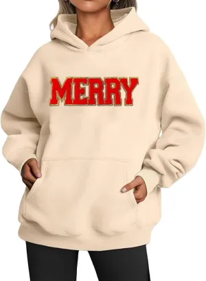Christmas Sweatshirts for Women 2024 Merry Letter Shirt Oversized Long Sleeve Hoodie Pullover Sweatshirt Xmas Tops