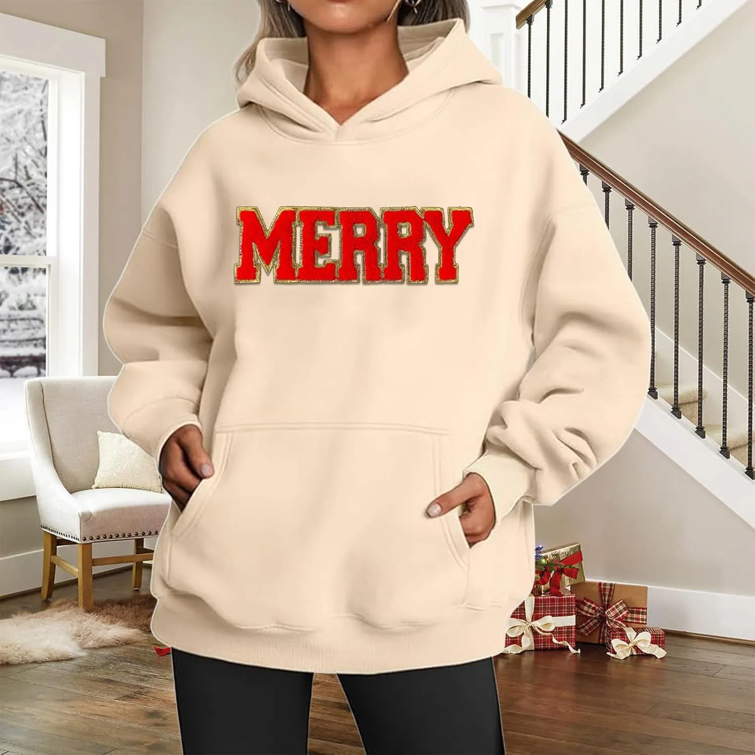 Christmas Sweatshirts for Women 2024 Merry Letter Shirt Oversized Long Sleeve Hoodie Pullover Sweatshirt Xmas Tops
