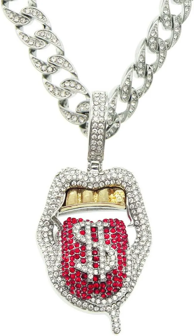 Chunky Bling Iced Out Cuban Link Chain Necklace for Men Women,Large Fake Diamond Chain Sticking Out Choker Tongue Pendant with Dollar Sign,Miami Rhinestone Necklace Hip Hop Cool Punk Jewelry