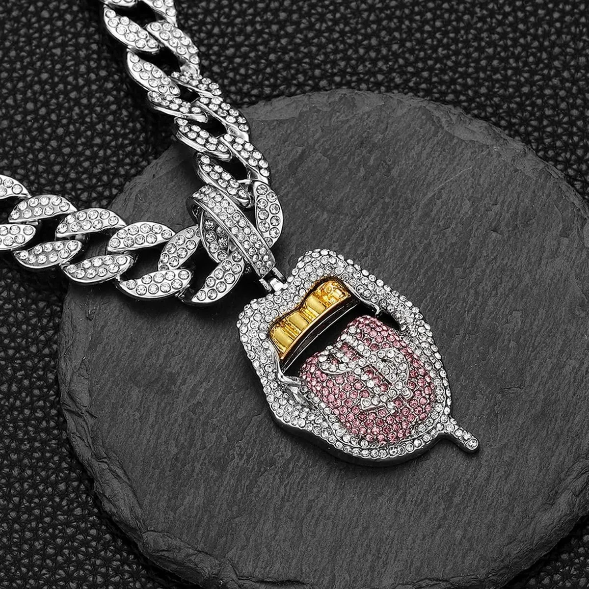 Chunky Bling Iced Out Cuban Link Chain Necklace for Men Women,Large Fake Diamond Chain Sticking Out Choker Tongue Pendant with Dollar Sign,Miami Rhinestone Necklace Hip Hop Cool Punk Jewelry