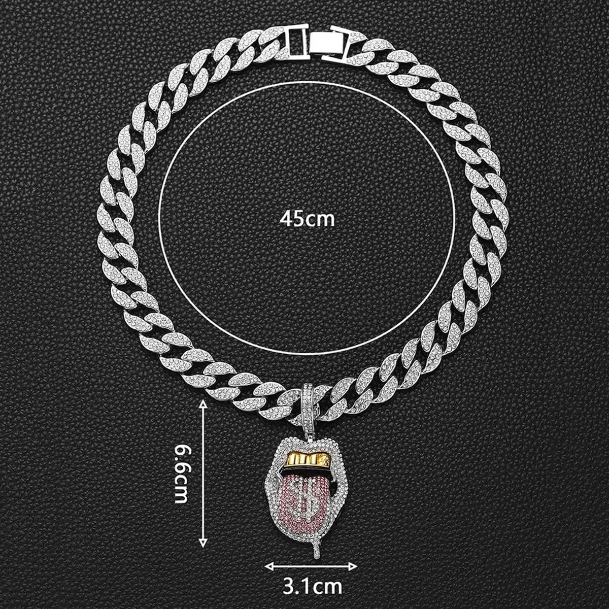 Chunky Bling Iced Out Cuban Link Chain Necklace for Men Women,Large Fake Diamond Chain Sticking Out Choker Tongue Pendant with Dollar Sign,Miami Rhinestone Necklace Hip Hop Cool Punk Jewelry