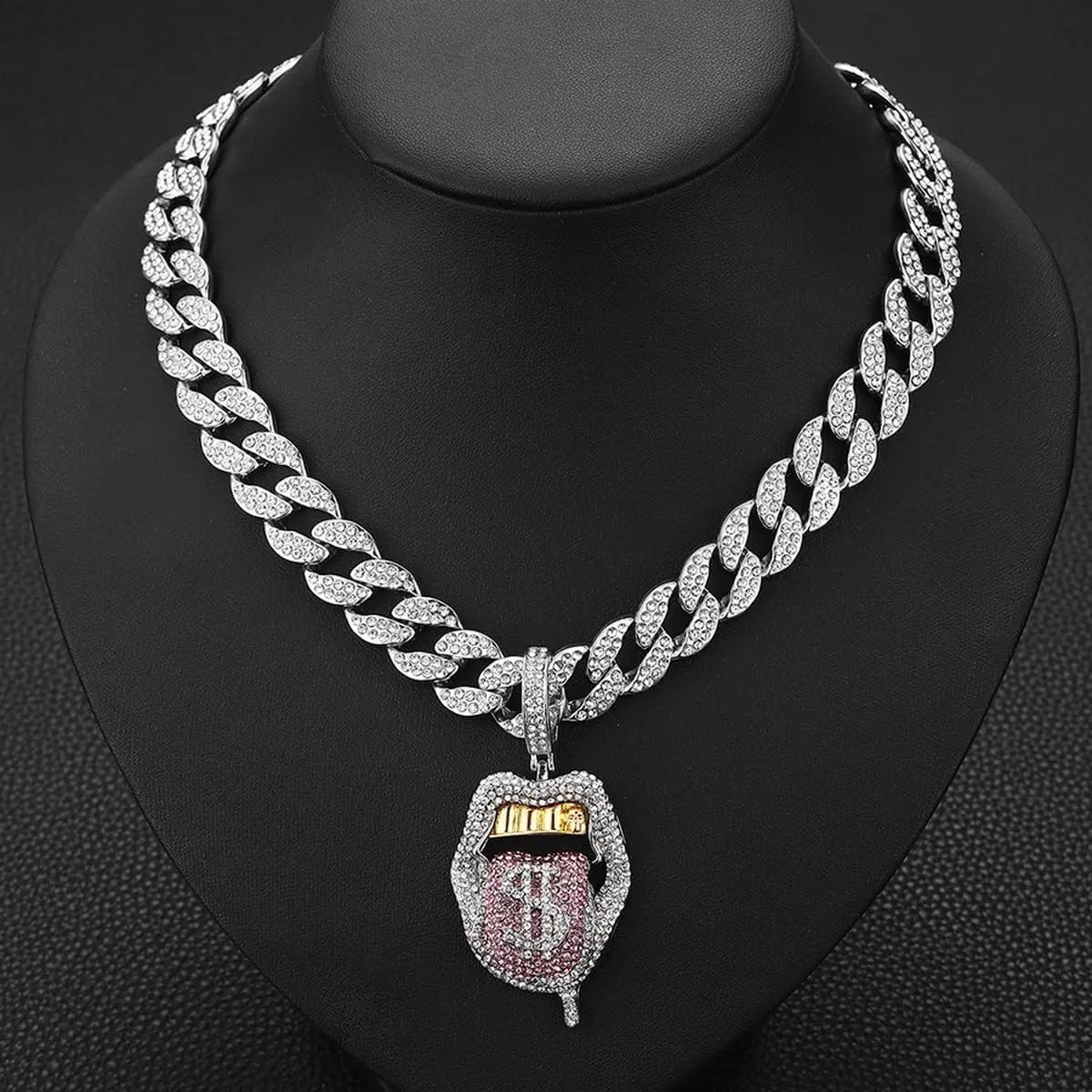 Chunky Bling Iced Out Cuban Link Chain Necklace for Men Women,Large Fake Diamond Chain Sticking Out Choker Tongue Pendant with Dollar Sign,Miami Rhinestone Necklace Hip Hop Cool Punk Jewelry