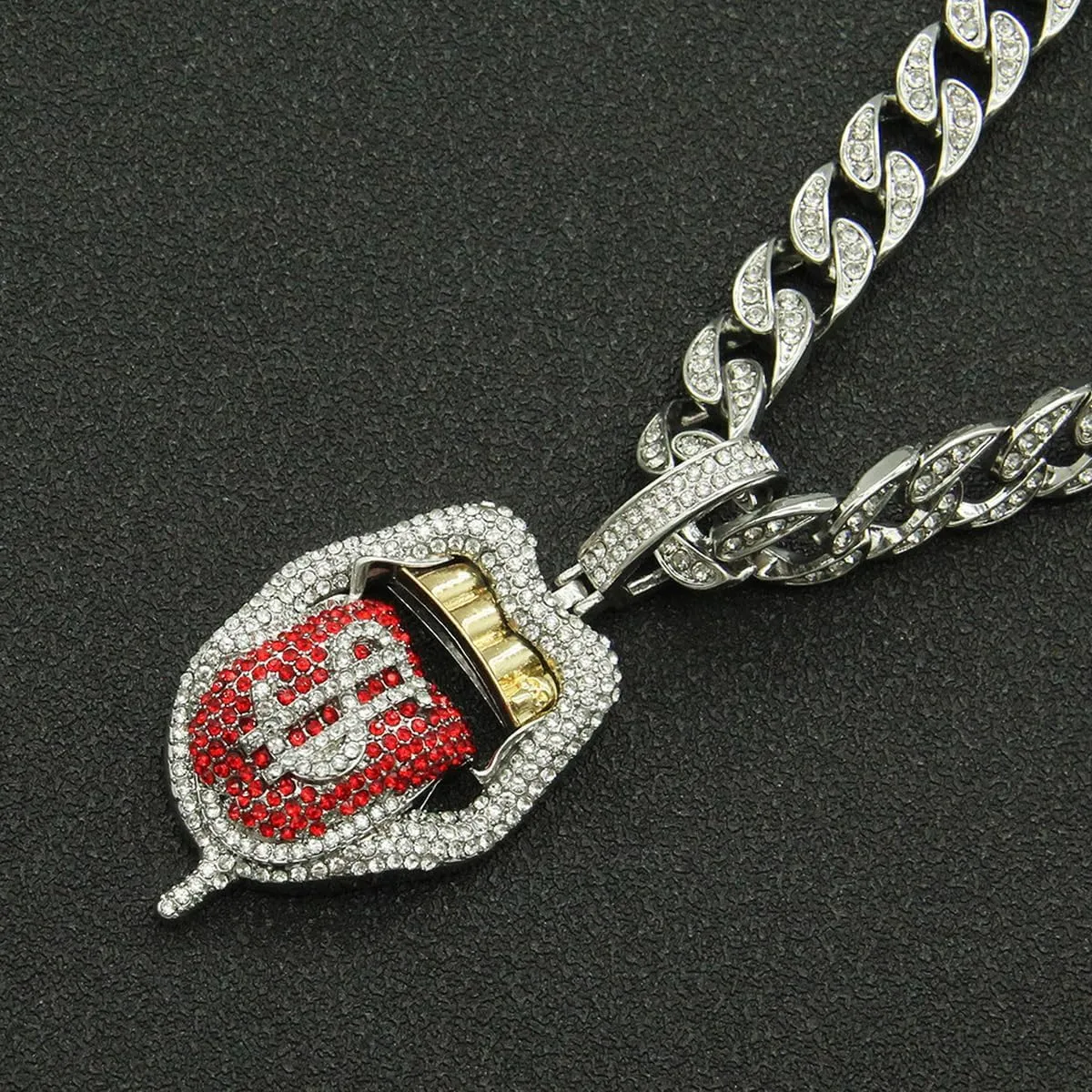 Chunky Bling Iced Out Cuban Link Chain Necklace for Men Women,Large Fake Diamond Chain Sticking Out Choker Tongue Pendant with Dollar Sign,Miami Rhinestone Necklace Hip Hop Cool Punk Jewelry
