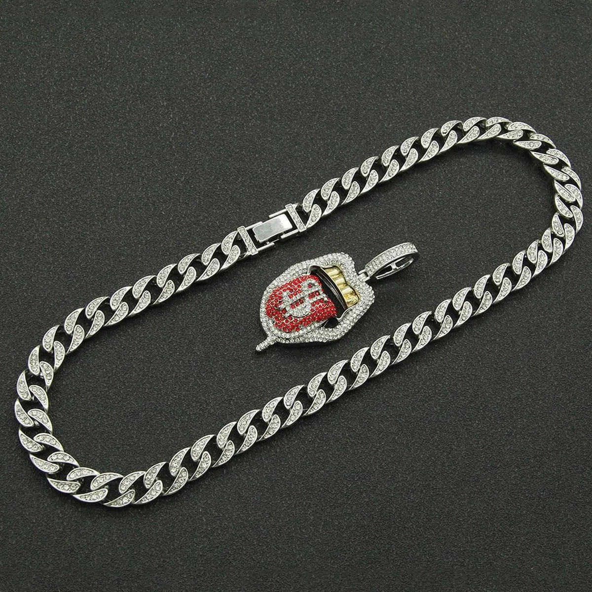 Chunky Bling Iced Out Cuban Link Chain Necklace for Men Women,Large Fake Diamond Chain Sticking Out Choker Tongue Pendant with Dollar Sign,Miami Rhinestone Necklace Hip Hop Cool Punk Jewelry
