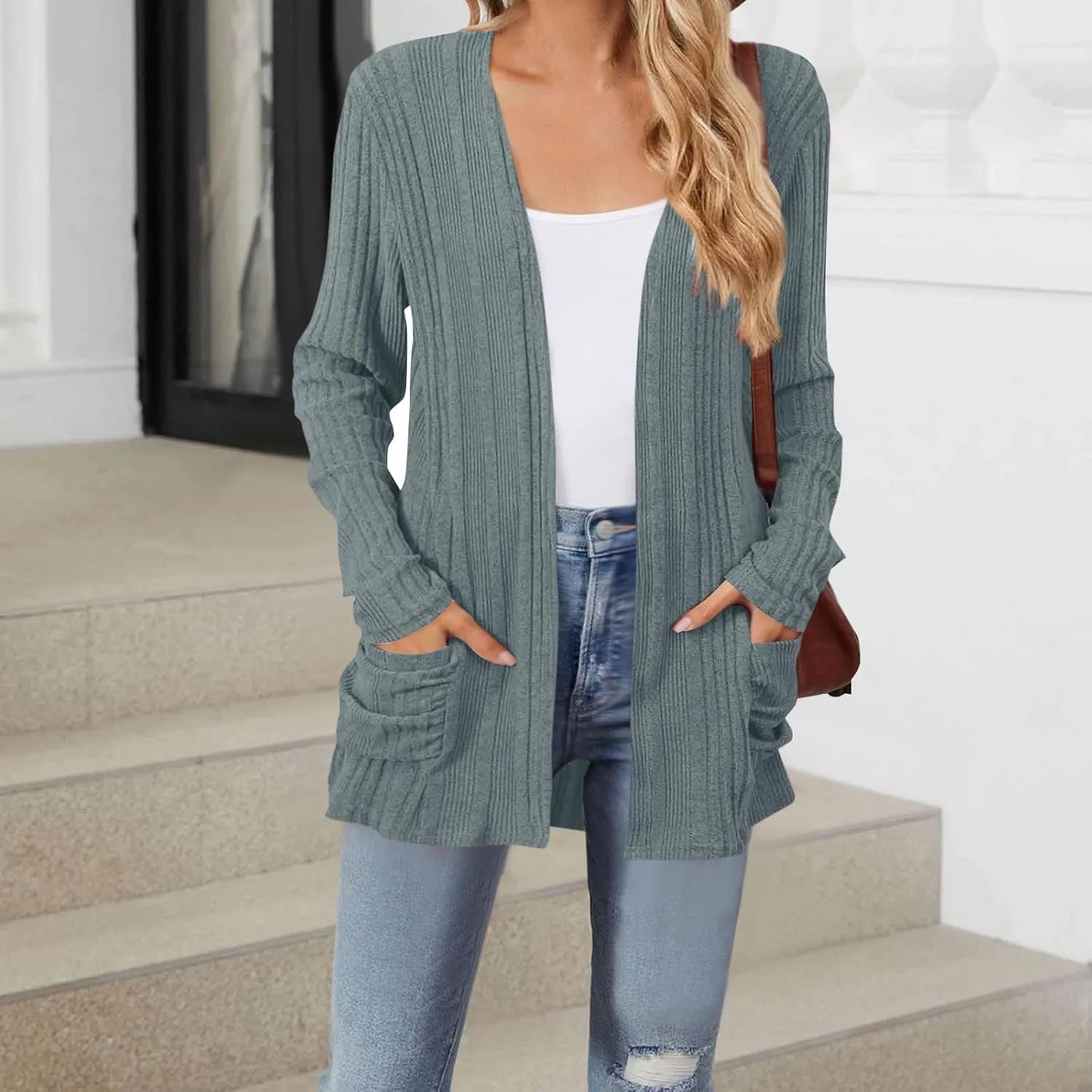 Chunky Cardigan Sweaters for Women Lightweight Open Front Knitted Cardigan Long Sleeve Outwear Coat with Pockets