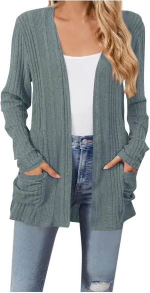Chunky Cardigan Sweaters for Women Lightweight Open Front Knitted Cardigan Long Sleeve Outwear Coat with Pockets