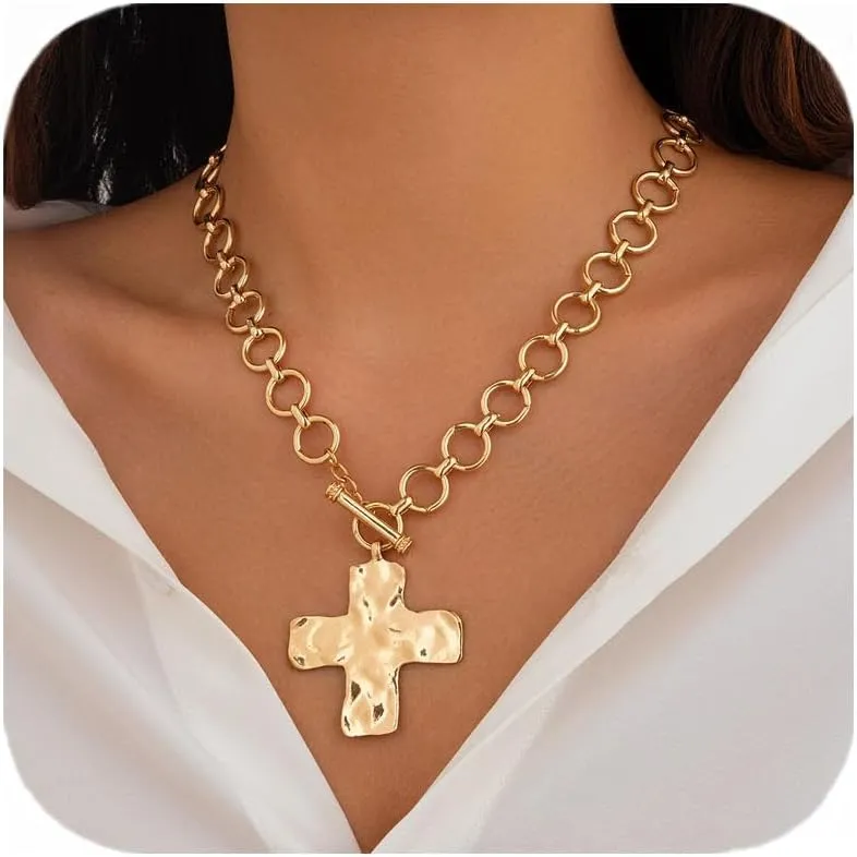 Chunky Cross Necklace for Women Gold Cross Pendant Necklaces Non Tarnish Stacked Paperclip Link Chain Gold Jewelry Gifts
