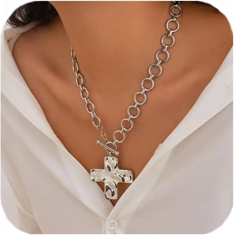 Chunky Cross Necklace for Women Gold Cross Pendant Necklaces Non Tarnish Stacked Paperclip Link Chain Gold Jewelry Gifts