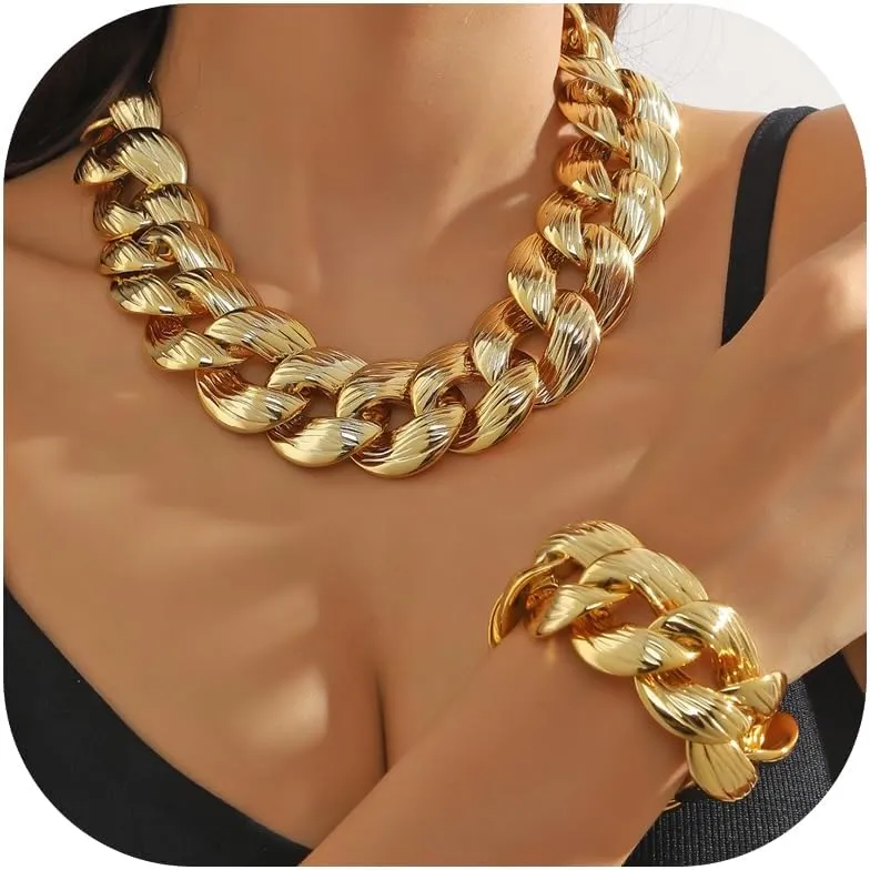Chunky Gold Necklace for Women Non Tarnish Gold Cuban Chain Necklace Bracelets Jewelry Sets Statement Punk Hip Hop Thick Chain Link Choker Earrings Gifts Trendy Stuff