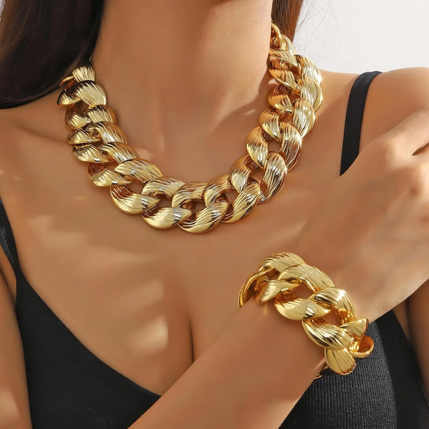 Chunky Gold Necklace for Women Non Tarnish Gold Cuban Chain Necklace Bracelets Jewelry Sets Statement Punk Hip Hop Thick Chain Link Choker Earrings Gifts Trendy Stuff