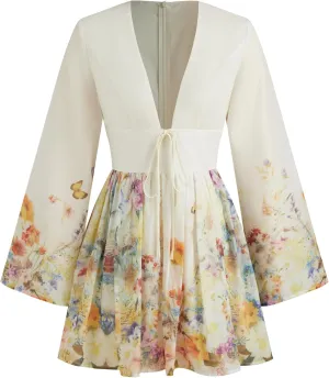 CIDER Dresses for Women Floral Print V Neck Long Sleeve High Waist Knotted Ruffle A Line Mini Dress