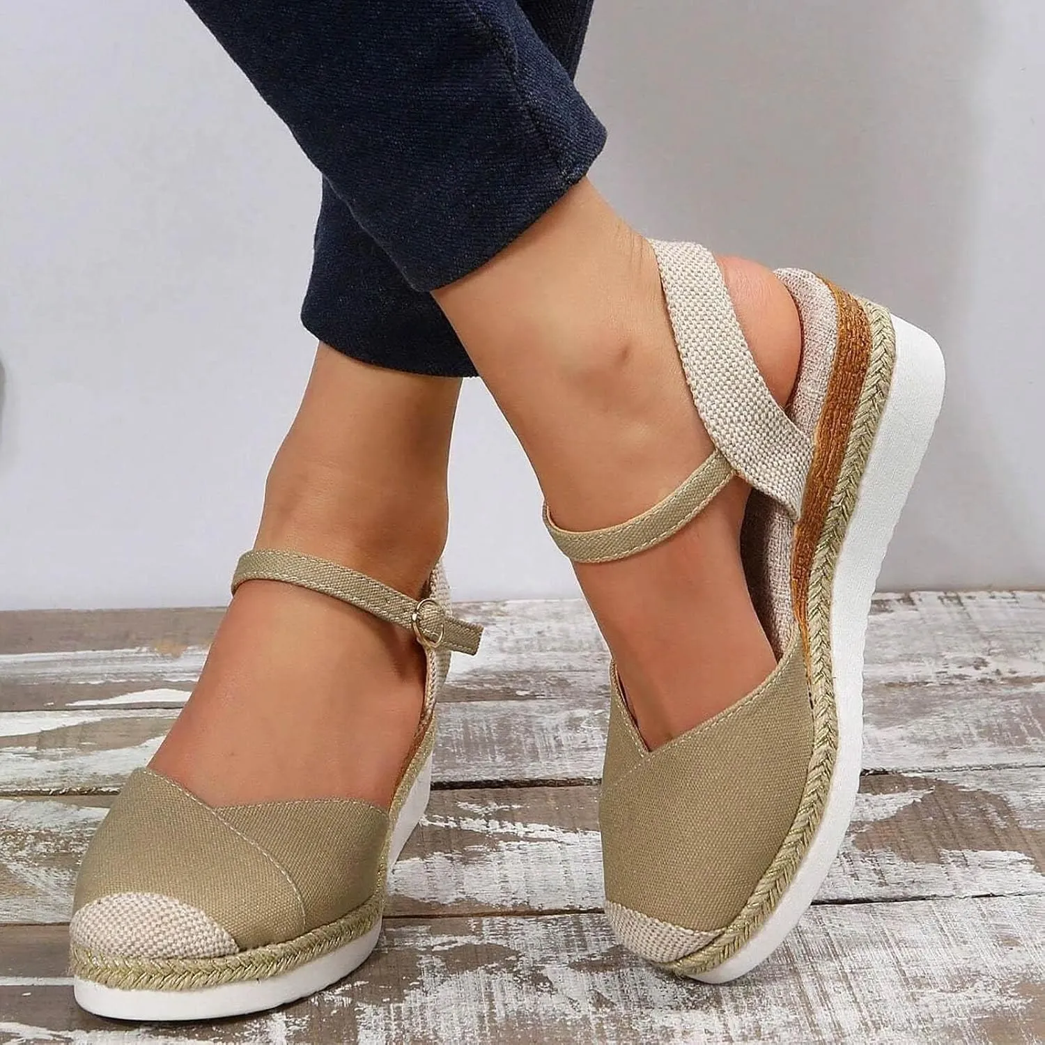 Closed Toe Platform Sandals Summer Comfort Foam Wedge Solid Cross Vamp Ankle Strap Espadrilles Wedges Heel Spring Shoes 2025 Dressy Sandals Comfortable Anti Slip Casual with Adjustable Buckle