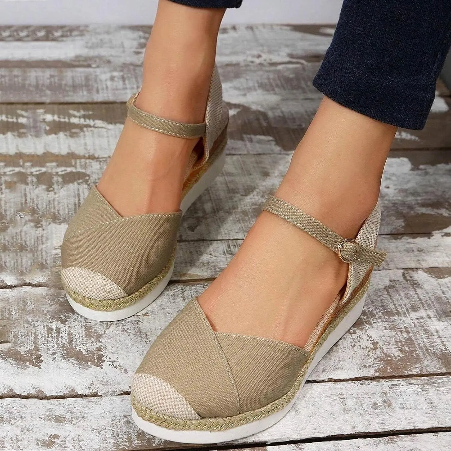 Closed Toe Platform Sandals Summer Comfort Foam Wedge Solid Cross Vamp Ankle Strap Espadrilles Wedges Heel Spring Shoes 2025 Dressy Sandals Comfortable Anti Slip Casual with Adjustable Buckle