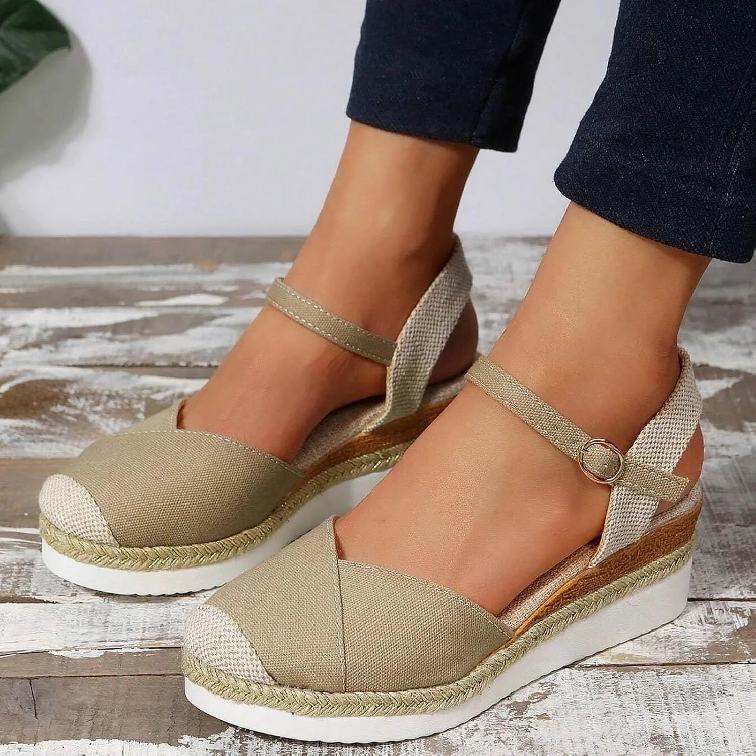 Closed Toe Platform Sandals Summer Comfort Foam Wedge Solid Cross Vamp Ankle Strap Espadrilles Wedges Heel Spring Shoes 2025 Dressy Sandals Comfortable Anti Slip Casual with Adjustable Buckle