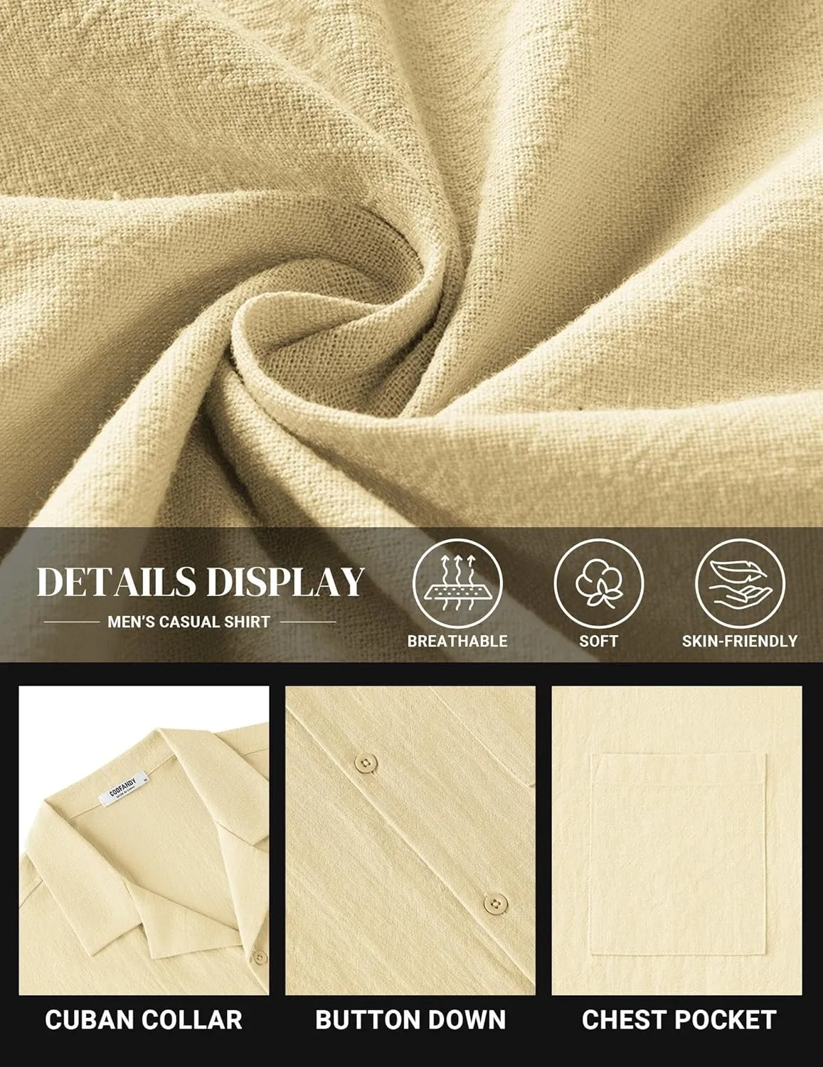 COOFANDY Mens Cotton Linen Shirt Casual Button Down Short Sleeve Shirts Summer Cuban Vacation Beach Shirts with Pocket