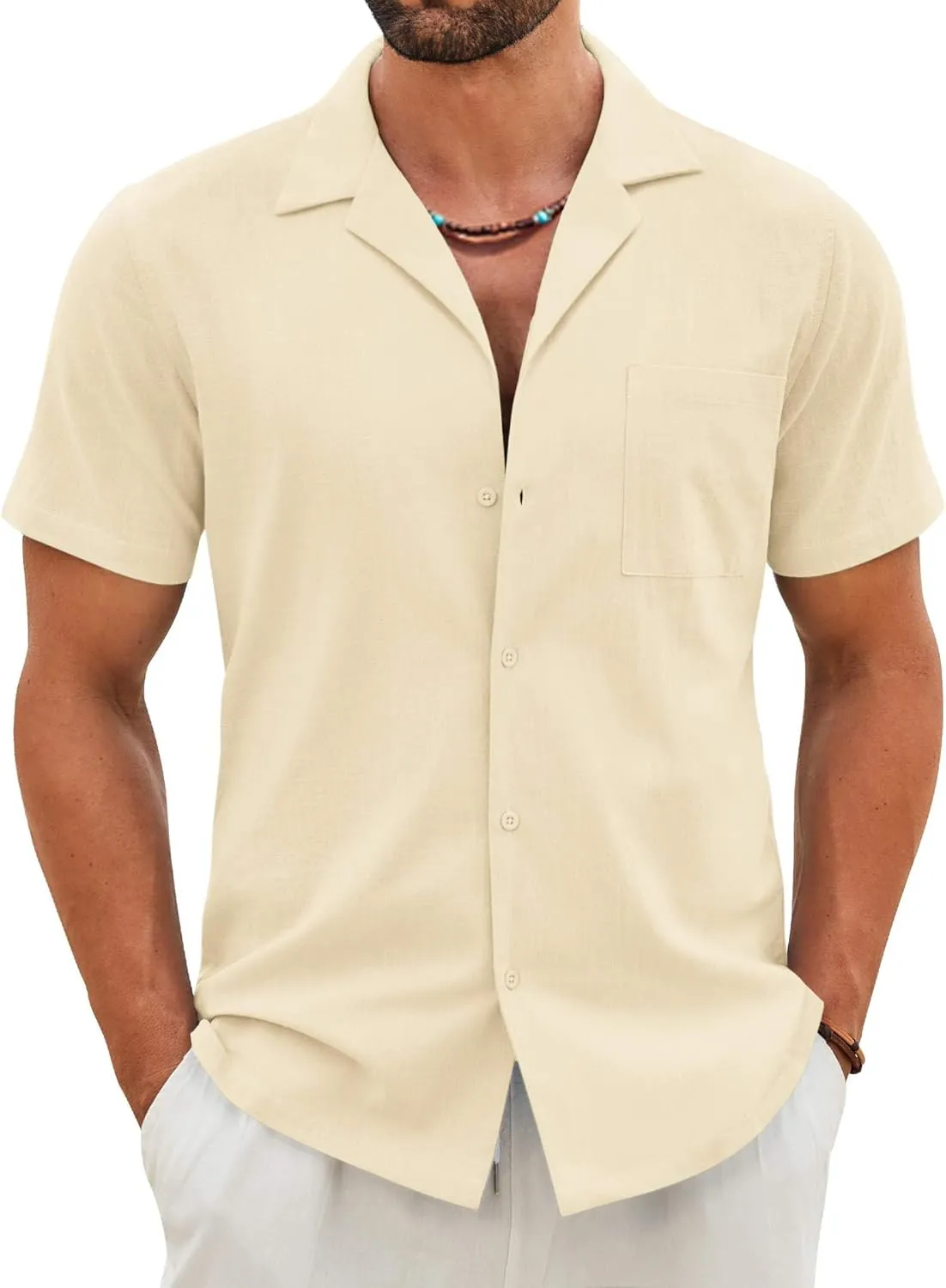 COOFANDY Mens Cotton Linen Shirt Casual Button Down Short Sleeve Shirts Summer Cuban Vacation Beach Shirts with Pocket