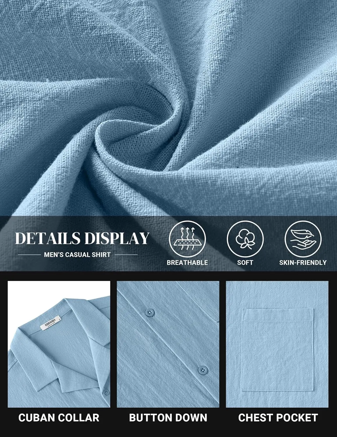 COOFANDY Mens Cotton Linen Shirt Casual Button Down Short Sleeve Shirts Summer Cuban Vacation Beach Shirts with Pocket