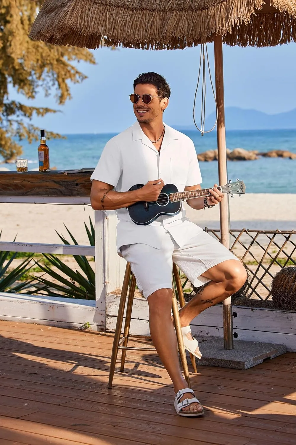 COOFANDY Mens Cotton Linen Shirt Casual Button Down Short Sleeve Shirts Summer Cuban Vacation Beach Shirts with Pocket