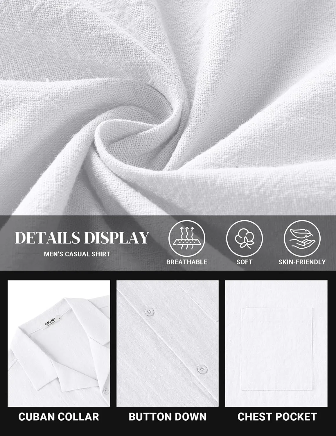 COOFANDY Mens Cotton Linen Shirt Casual Button Down Short Sleeve Shirts Summer Cuban Vacation Beach Shirts with Pocket