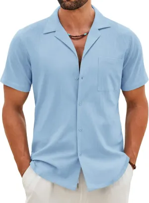 COOFANDY Mens Cotton Linen Shirt Casual Button Down Short Sleeve Shirts Summer Cuban Vacation Beach Shirts with Pocket