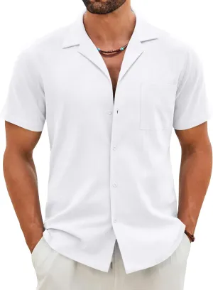 COOFANDY Mens Cotton Linen Shirt Casual Button Down Short Sleeve Shirts Summer Cuban Vacation Beach Shirts with Pocket