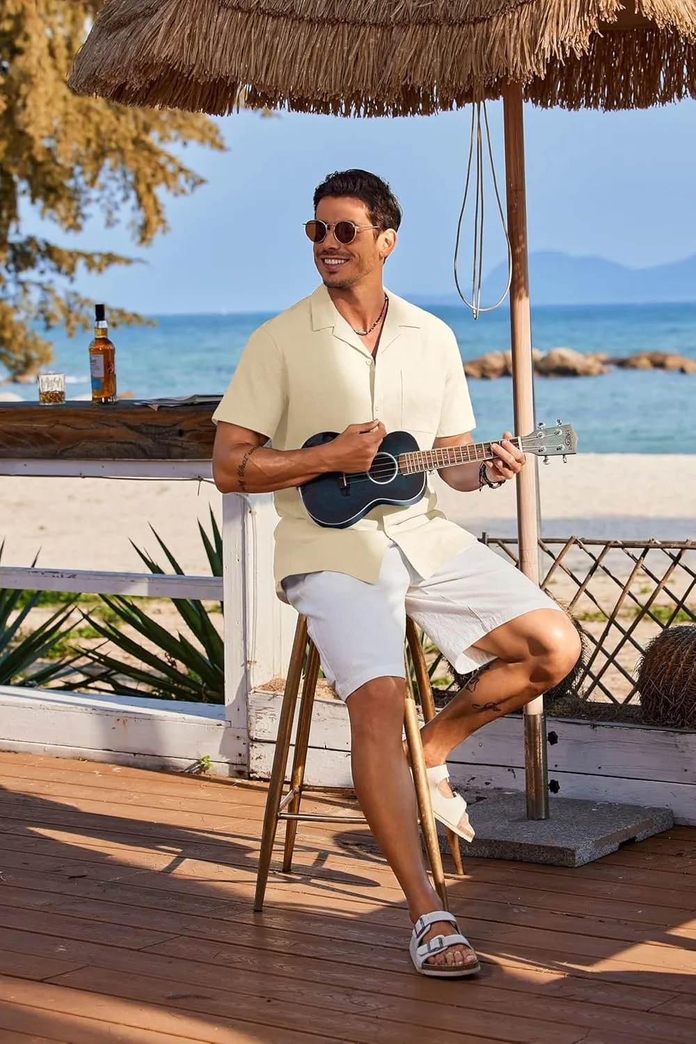COOFANDY Mens Cotton Linen Shirt Casual Button Down Short Sleeve Shirts Summer Cuban Vacation Beach Shirts with Pocket
