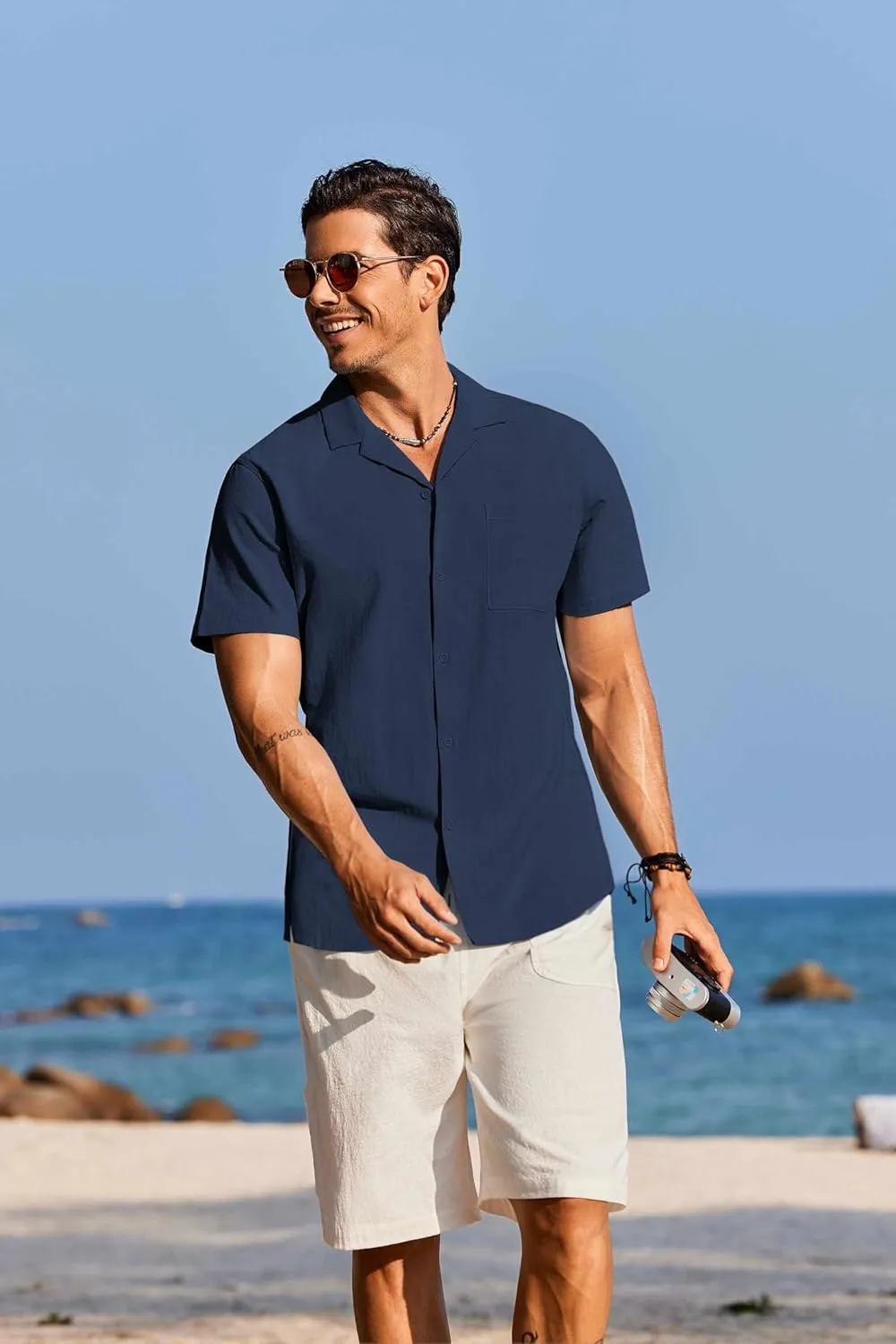 COOFANDY Mens Cotton Linen Shirt Casual Button Down Short Sleeve Shirts Summer Cuban Vacation Beach Shirts with Pocket