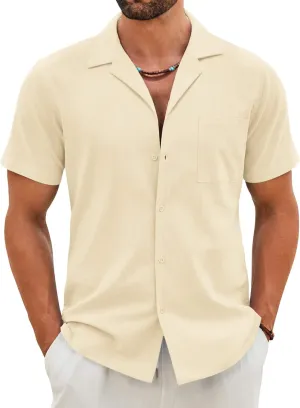 COOFANDY Mens Cotton Linen Shirt Casual Button Down Short Sleeve Shirts Summer Cuban Vacation Beach Shirts with Pocket