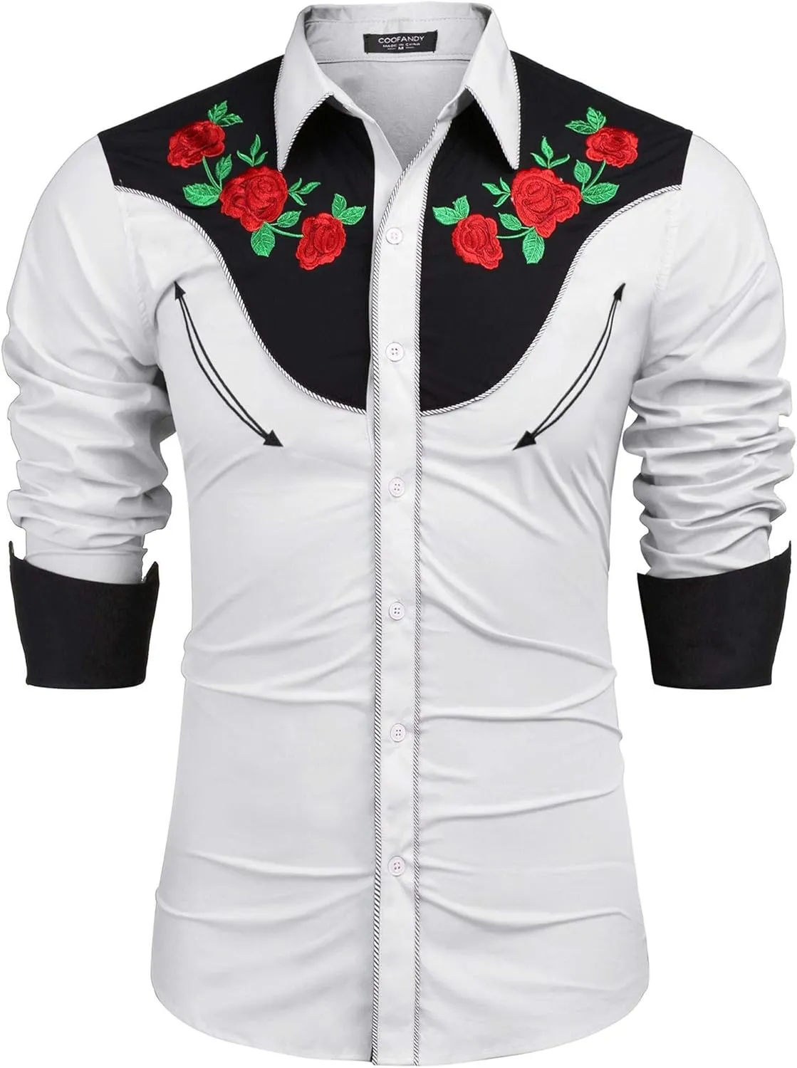 COOFANDY Men's Cowboy Shirtss Embroidered Rose Design Shirts Western Long Sleeve Button Down Shirts