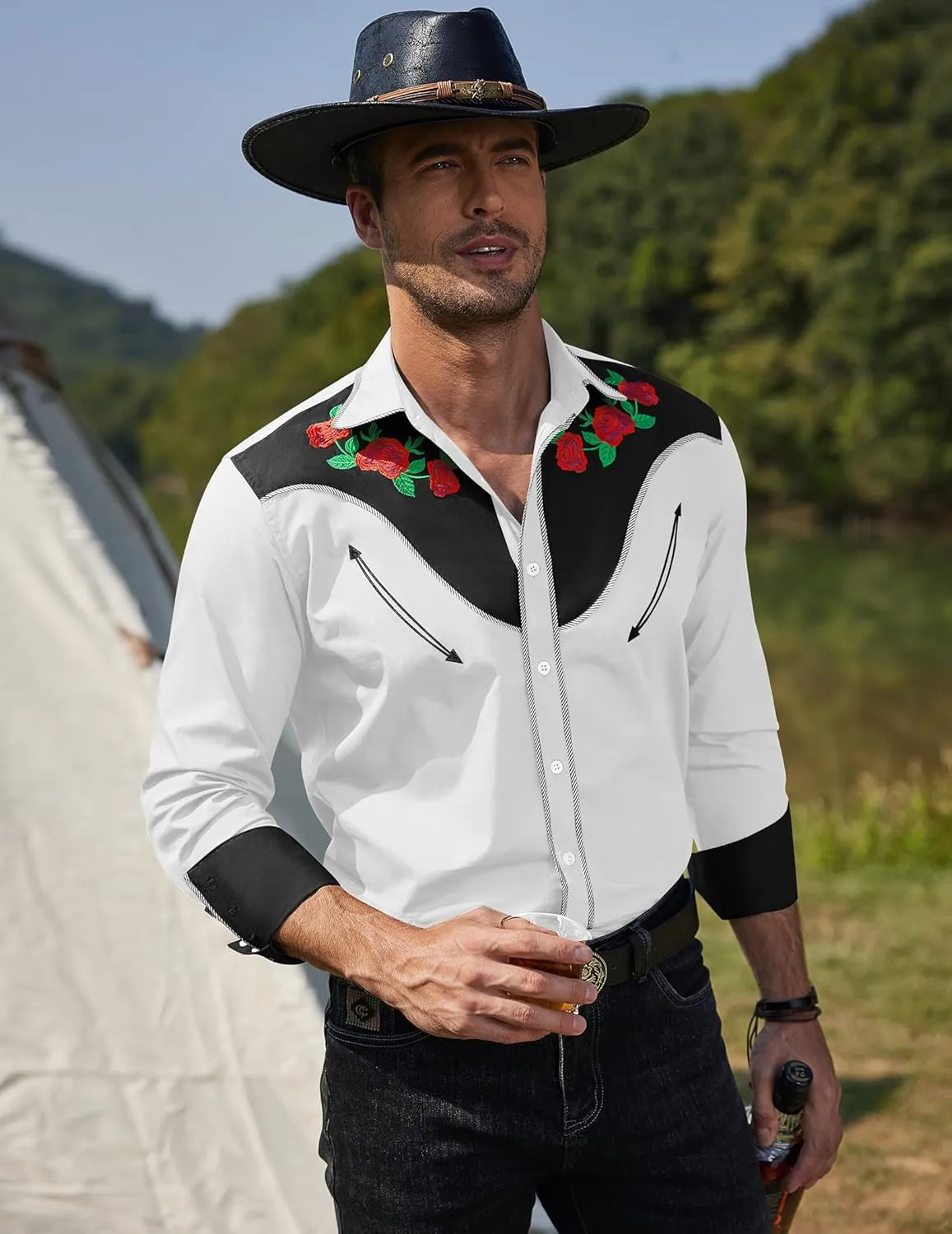 COOFANDY Men's Cowboy Shirtss Embroidered Rose Design Shirts Western Long Sleeve Button Down Shirts