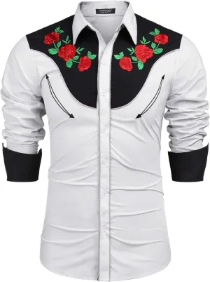 COOFANDY Men's Cowboy Shirtss Embroidered Rose Design Shirts Western Long Sleeve Button Down Shirts
