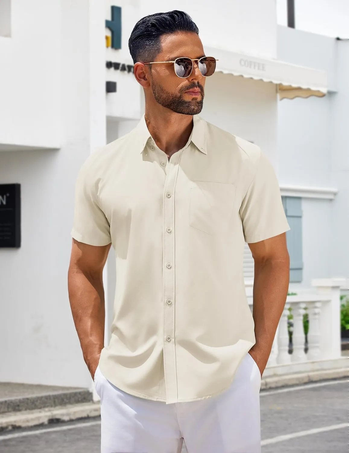 COOFANDY Men's Short Sleeve Button Down Shirts Casual Summer Untucked Wrinkle Free Dress Shirts with Pocket
