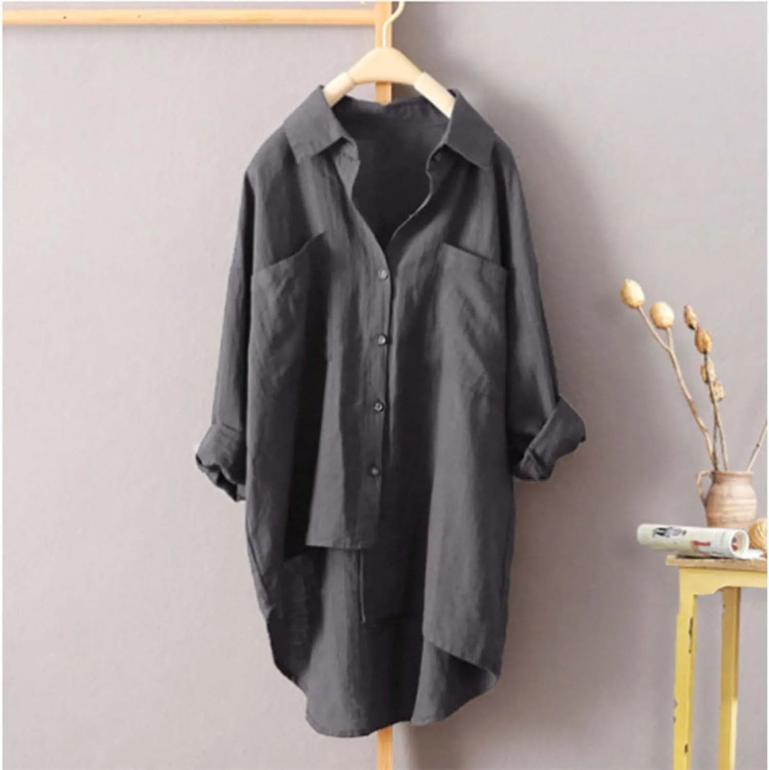 Cotton Linen Button Down Shirt for Women Women O-Neck Floral Lady Short Women's Blouse Blouses Button-Down Shirts