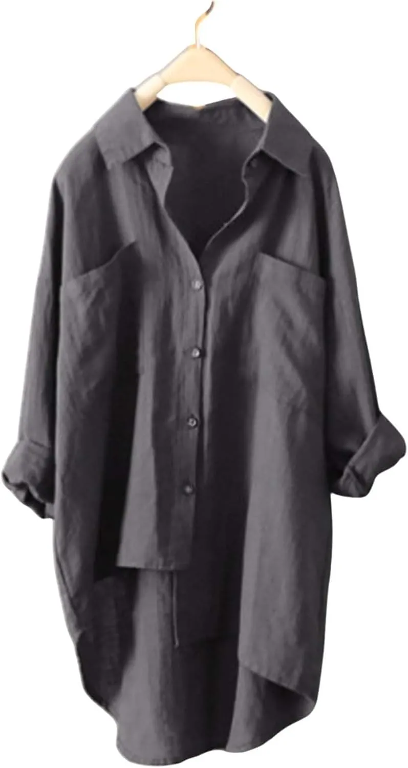 Cotton Linen Button Down Shirt for Women Women O-Neck Floral Lady Short Women's Blouse Blouses Button-Down Shirts