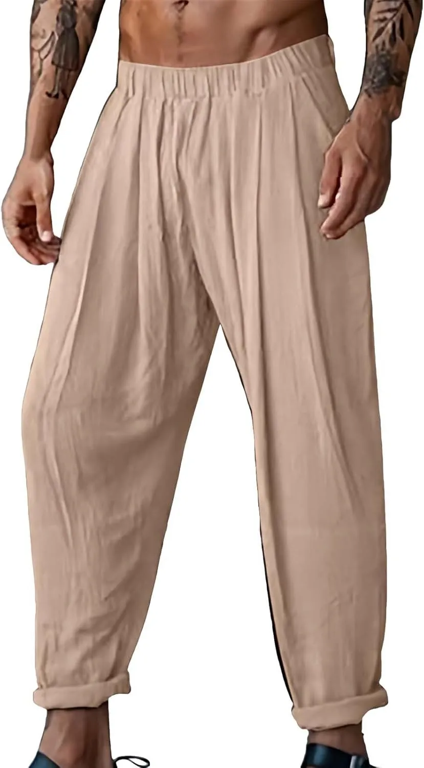 Cotton Linen Cargo Pants for Mens Elastic Waistband Lightweight Sweatpants with Pockets Summer Solid Regular Fit Activewears