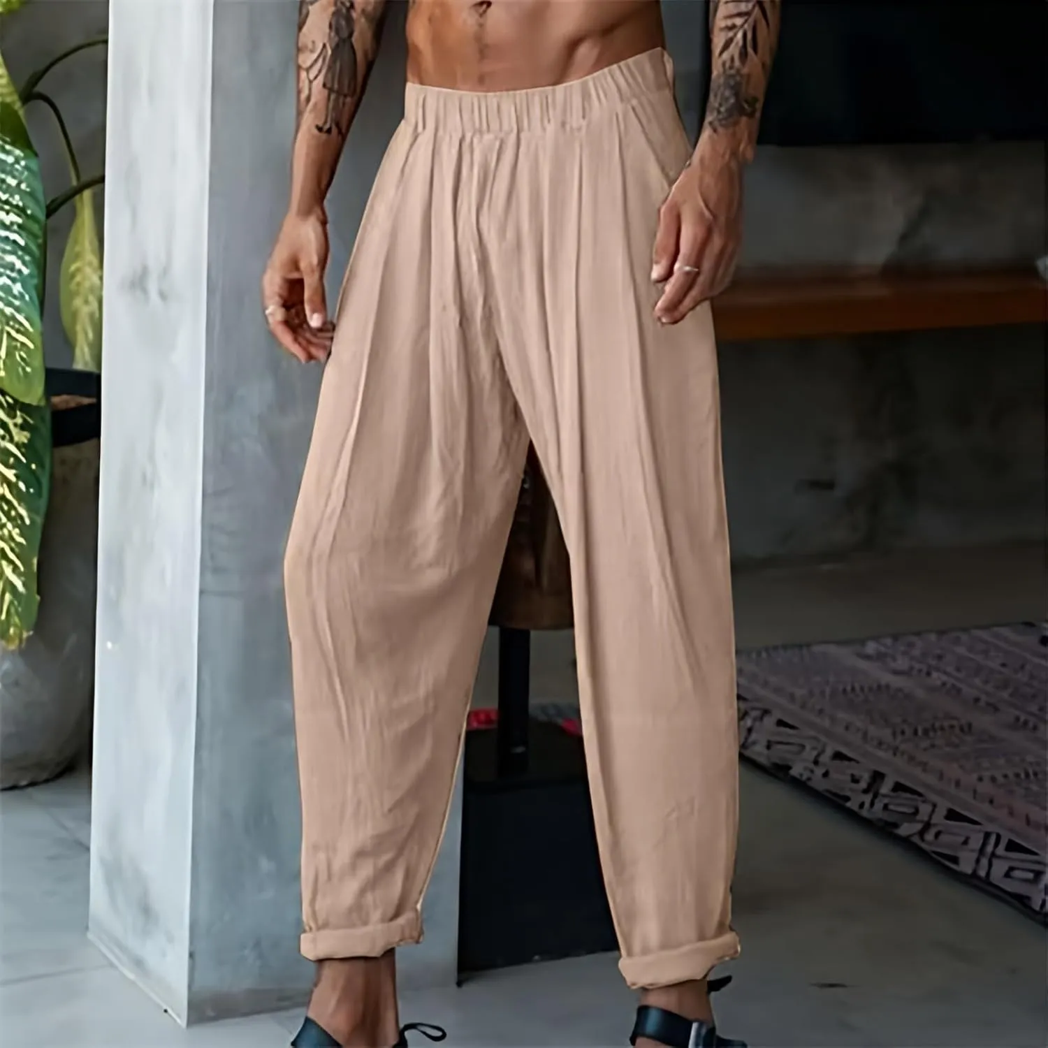 Cotton Linen Cargo Pants for Mens Elastic Waistband Lightweight Sweatpants with Pockets Summer Solid Regular Fit Activewears