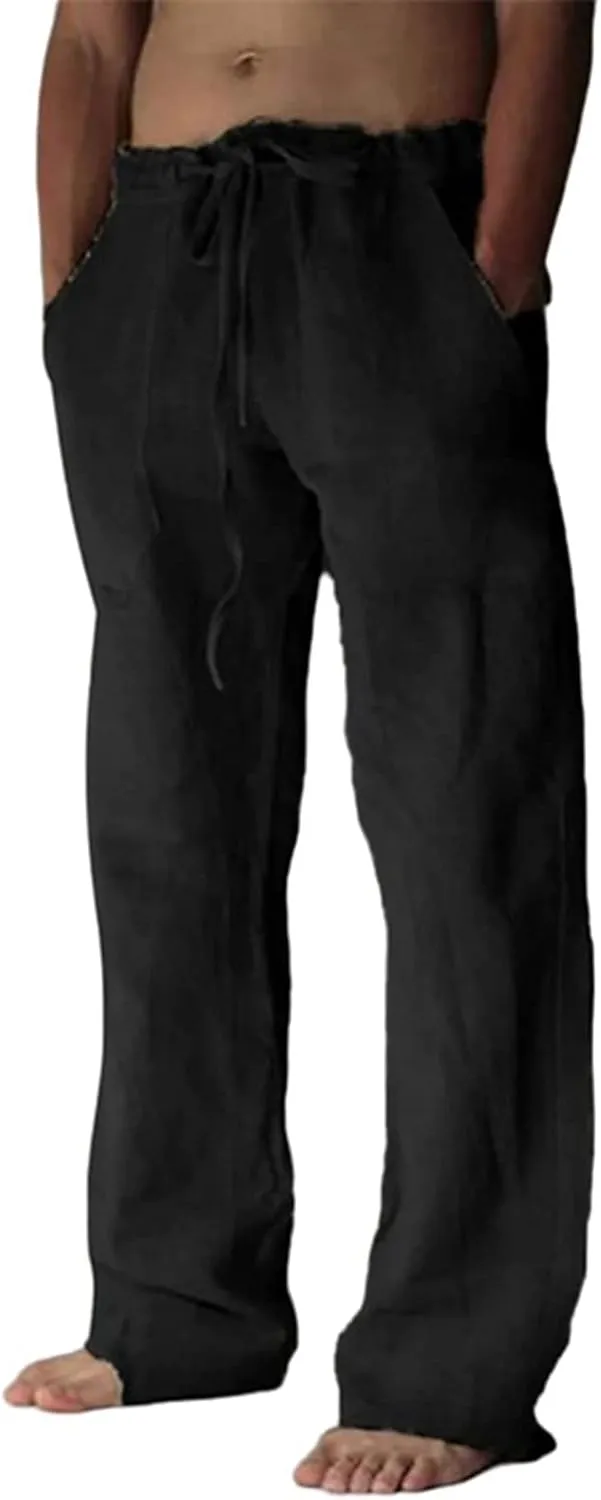 Cotton Linen Pants Men Loose Summer Beach Pants Comfort Elastic Drawstring Waist Straight Legs Pants Baggy Loung Pants