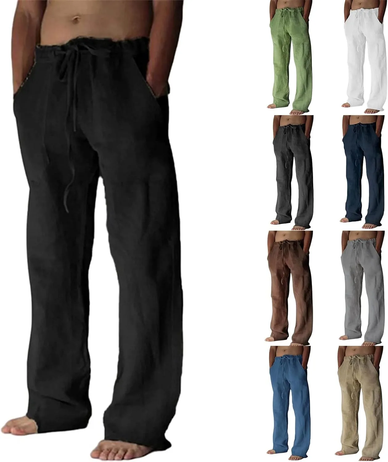 Cotton Linen Pants Men Loose Summer Beach Pants Comfort Elastic Drawstring Waist Straight Legs Pants Baggy Loung Pants