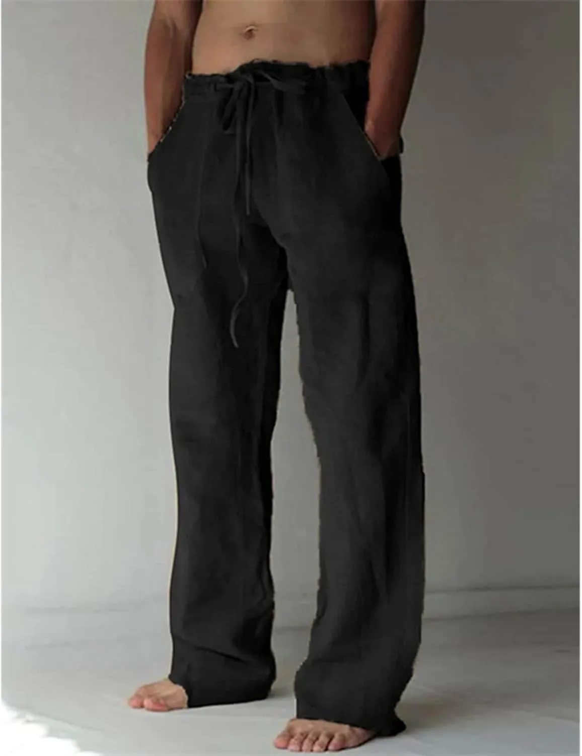 Cotton Linen Pants Men Loose Summer Beach Pants Comfort Elastic Drawstring Waist Straight Legs Pants Baggy Loung Pants